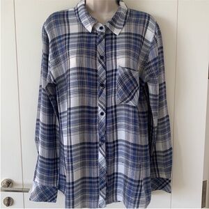 Rails Hunter Plaid White Navy Tan Rayon Flannel Button Down Long Sleeve Shirt M